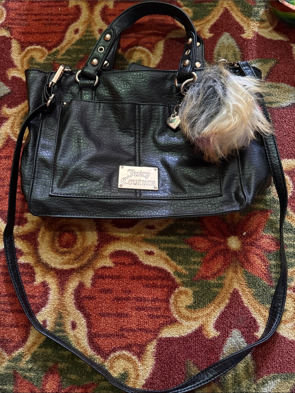 Juicy Couture Black Pebbled Tote Bag with Pom Charm